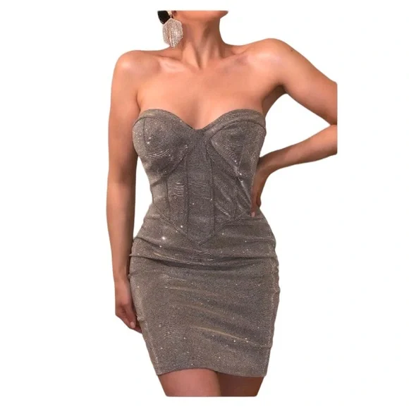 white christmas dresses Weston Silver Sequin Off Shoulder Corset Dress (Archive Sale)